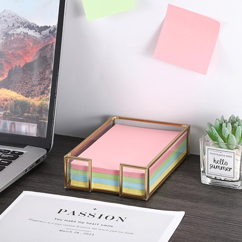 BTSKY Golden Glass Sticky Note Holder for 4x6 Inch Sticky Notes, Elegant Post It Note Dispenser with Non-Slip Pads Clear Notepad Holder for Desk Organization Planning, Home Office Decor - Image 2